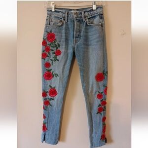 GRLFRND Karolina Embroidered High Rise Rose Jeans in Endless Love, Sz 24 XXS
